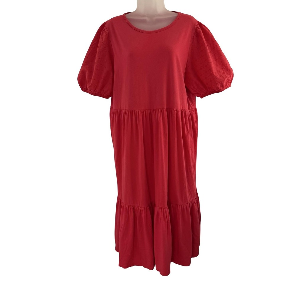 J Crew Dress Womens XL Red Puff Sleeve T Shirt Swing Midi Cotton Embroidered